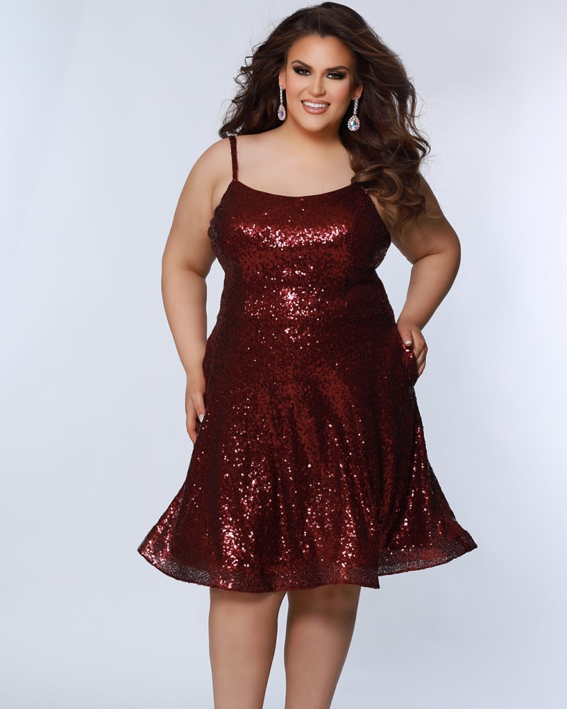Front of a model wearing a size 32 Shade Shifter Homecoming Dress in Burgundy by Sydney's Closet. | dia_product_style_image_id:286723